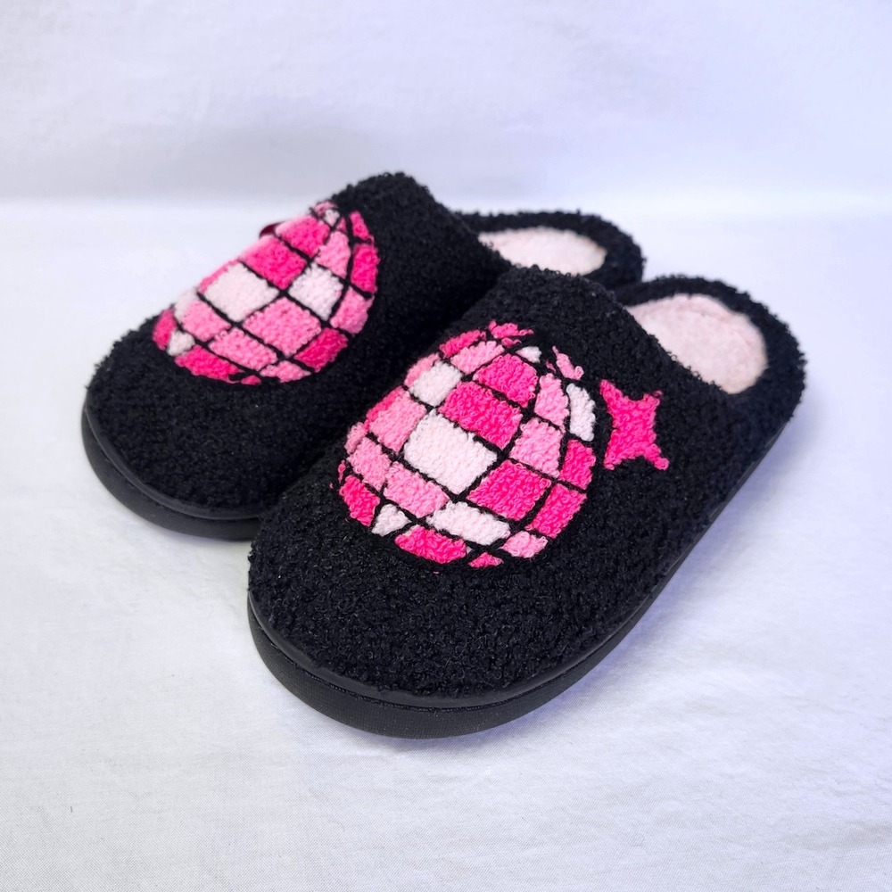 NEW‎ DISCO COWGIRL SLIPPERS WOMENS SMALL 5-6 BLACK PINK FUZZY COZY LOUNGEWEAR